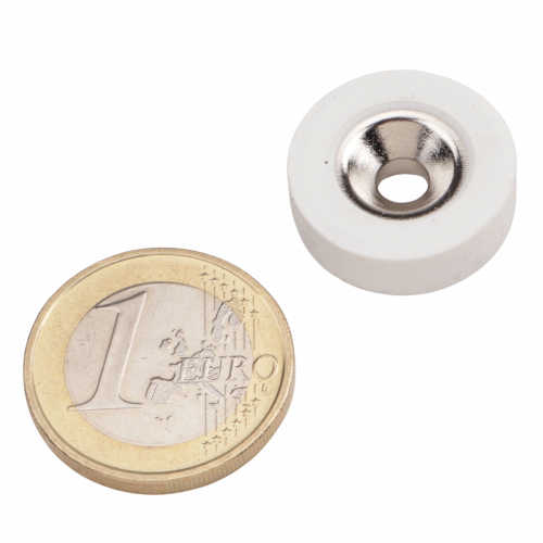 Anneau magnétique Ø 19,5 mm avec fraisage caoutchouté blanc - adhérence 2,7 kg